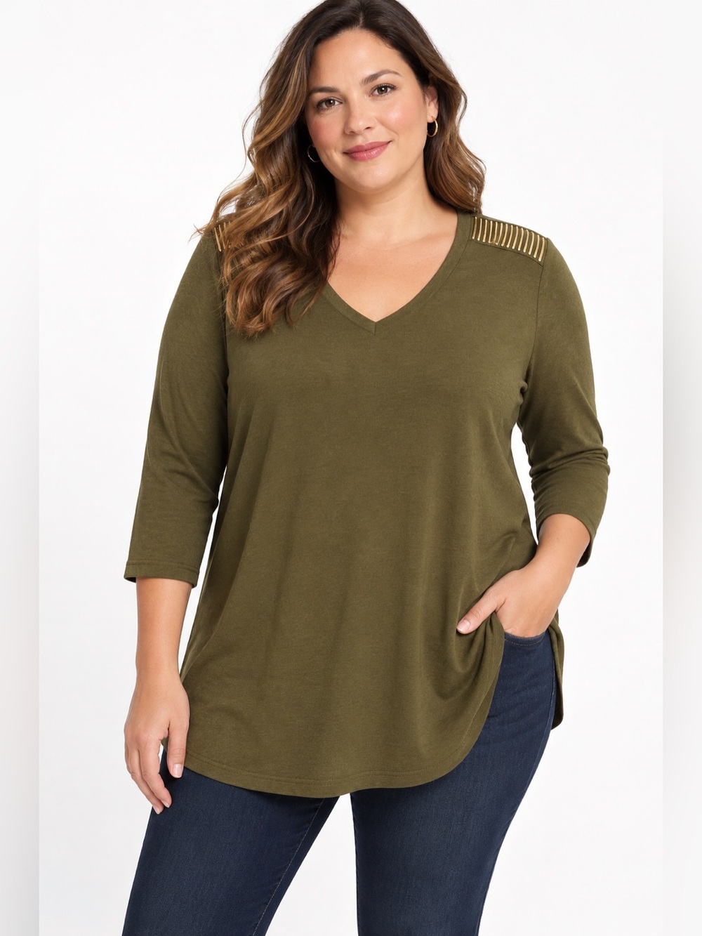 Rose & Olive Embellished Shoulder V-Neck Tunic Top Olive Green 3/4 Sleeve Sz 1X